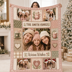 custom family photo collage blanket held flat showing the full patchwork design