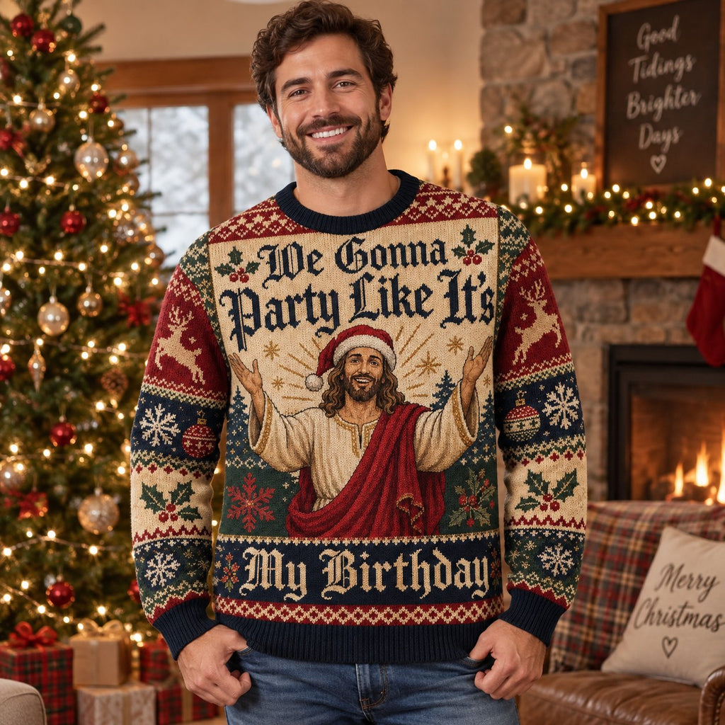 man wearing an ugly christmas sweater with the quote we gonna party