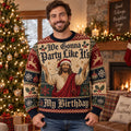 man wearing an ugly christmas sweater with the quote we gonna party