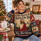 woman wearing a matching funny christmas jumper with a figure and santa