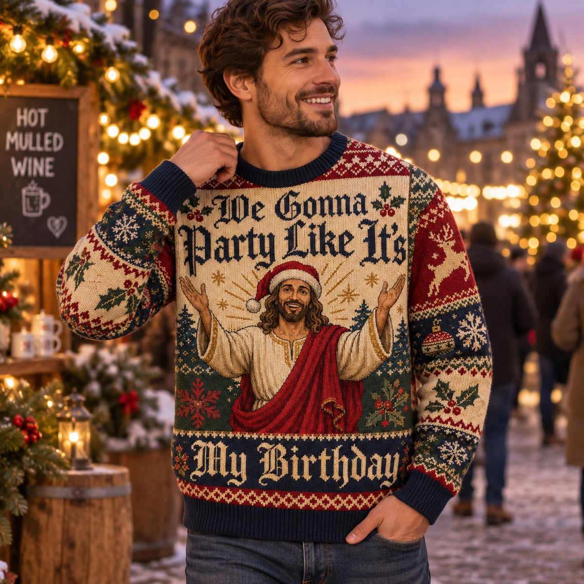 man in the same birthday quote christmas sweater at an outdoor holiday