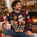 man wearing a navy ugly christmas sweater with we saw that quote