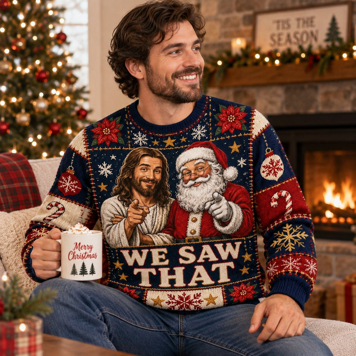 man wearing a navy ugly christmas sweater with we saw that quote