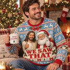 man wearing a blue all over print ugly christmas sweater with we