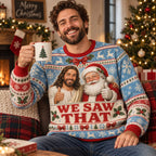 close up of the we saw that santa portrait on a blue