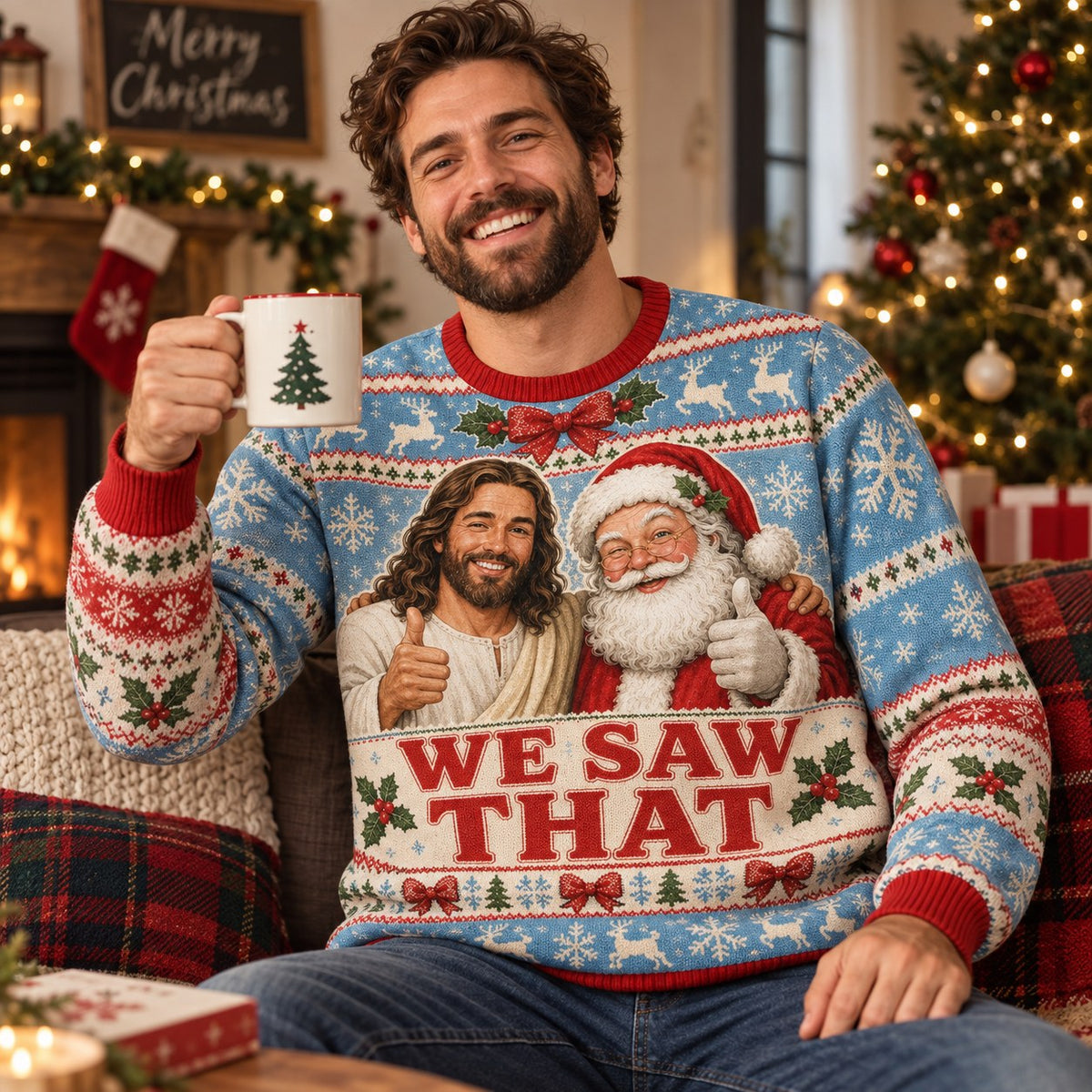 close up of the we saw that santa portrait on a blue