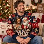 smiling man in a funny holiday sweater holding a merry christmas mug