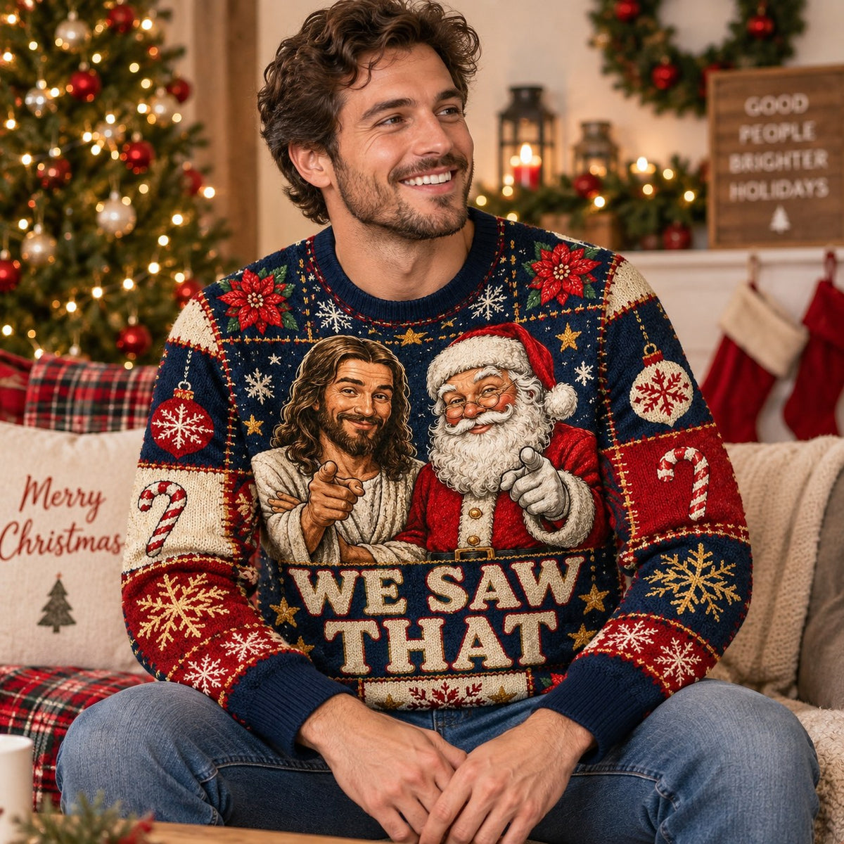 smiling man in a funny holiday sweater holding a merry christmas mug