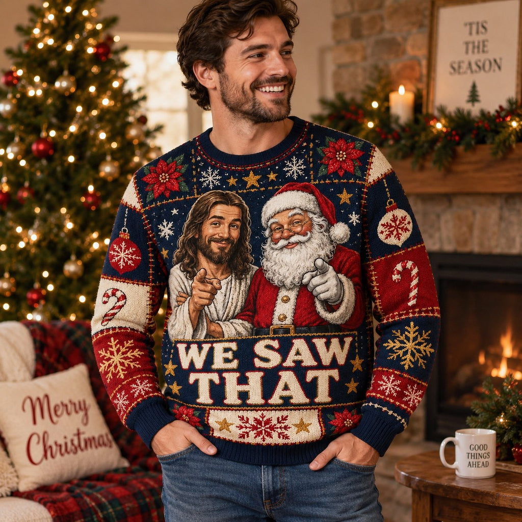 man sitting on a couch in a red and blue christmas party