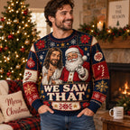 man sitting on a couch in a red and blue christmas party