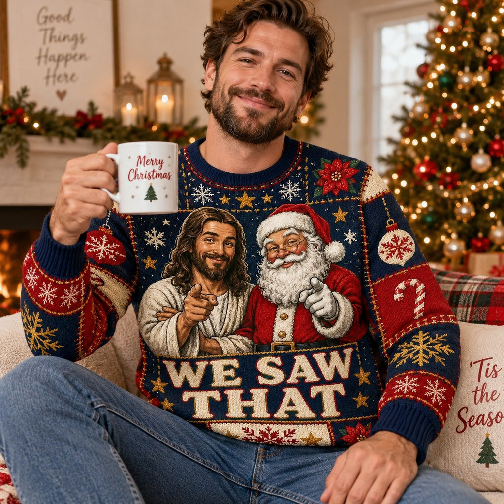 close up of a man wearing a we saw that christmas pullover