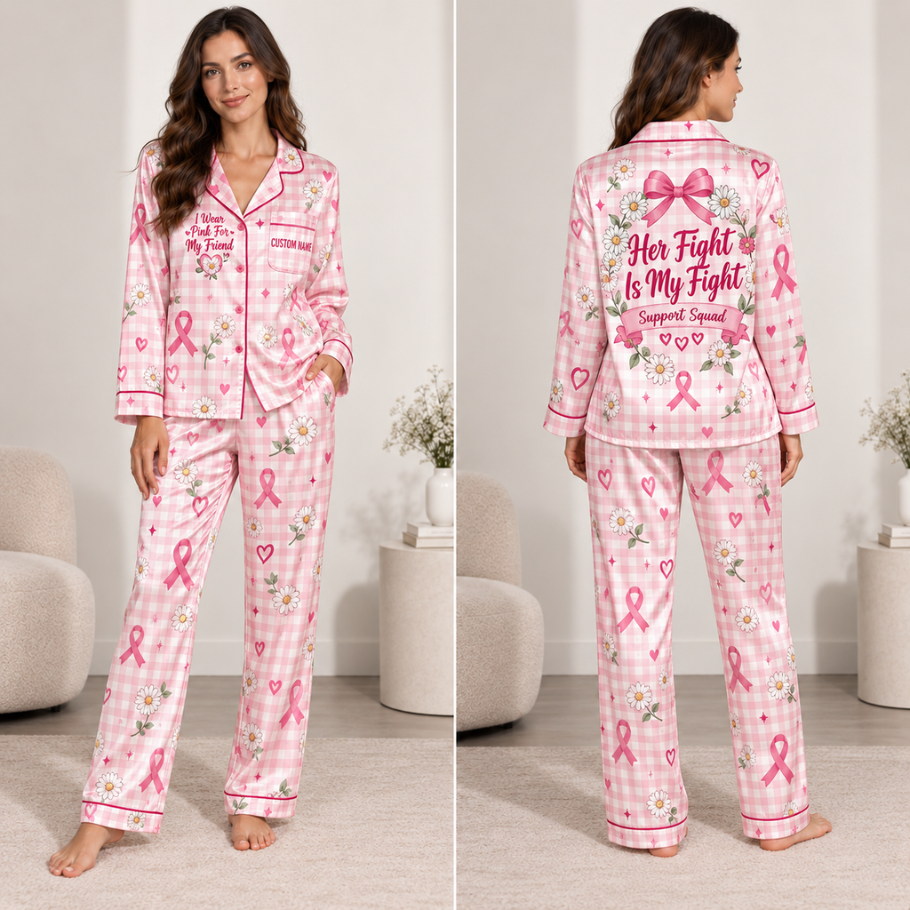 woman modeling pink breast cancer awareness satin pajama set with custom name
