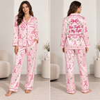woman modeling pink breast cancer awareness satin pajama set with custom name