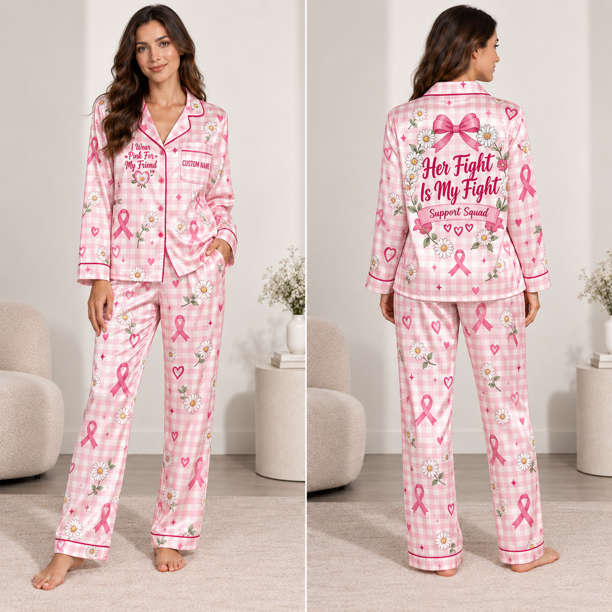 woman modeling pink breast cancer awareness satin pajama set with custom name