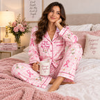 close up of pink breast cancer satin pajama top with custom name