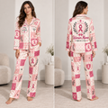 woman wearing pink breast cancer awareness satin pajamas front view