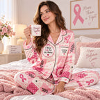 model seated on bed with pink ribbon awareness pajama set and mug