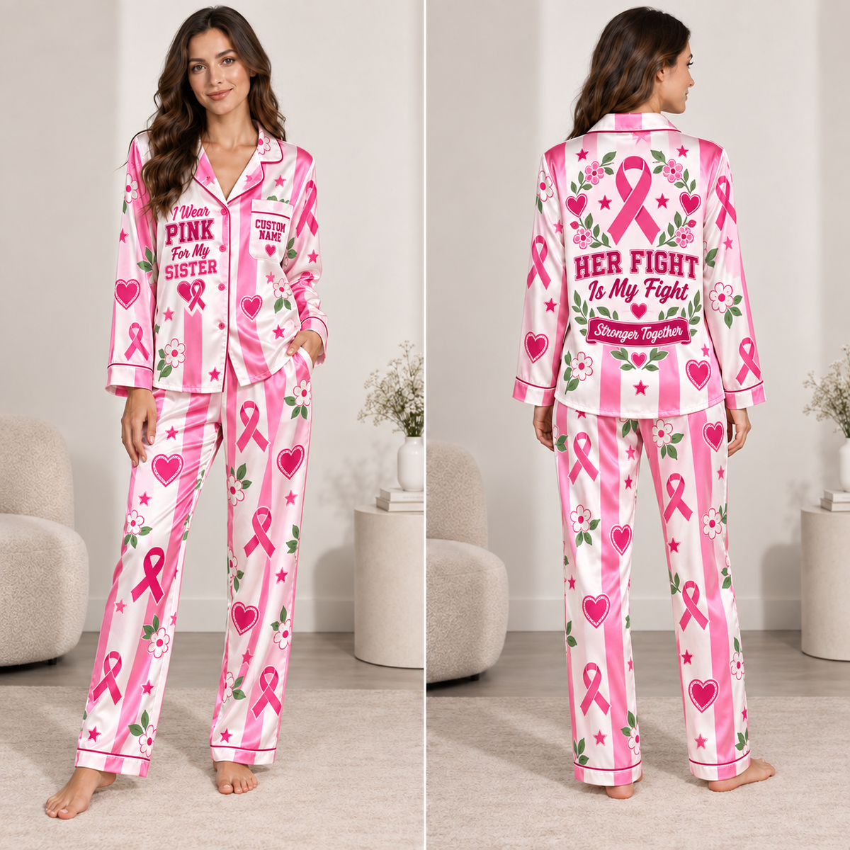 woman modeling a pink and white satin pajama set with all-over breast