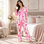back view of the satin pajama set showing the her fight is