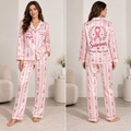 satin pajama set printed with pink ribbon breast cancer awareness pattern