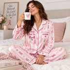 back view of pink satin pajama set with Survivor wreath and Stronger
