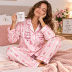 model in pink striped ribbon satin pajamas with a custom name on the chest