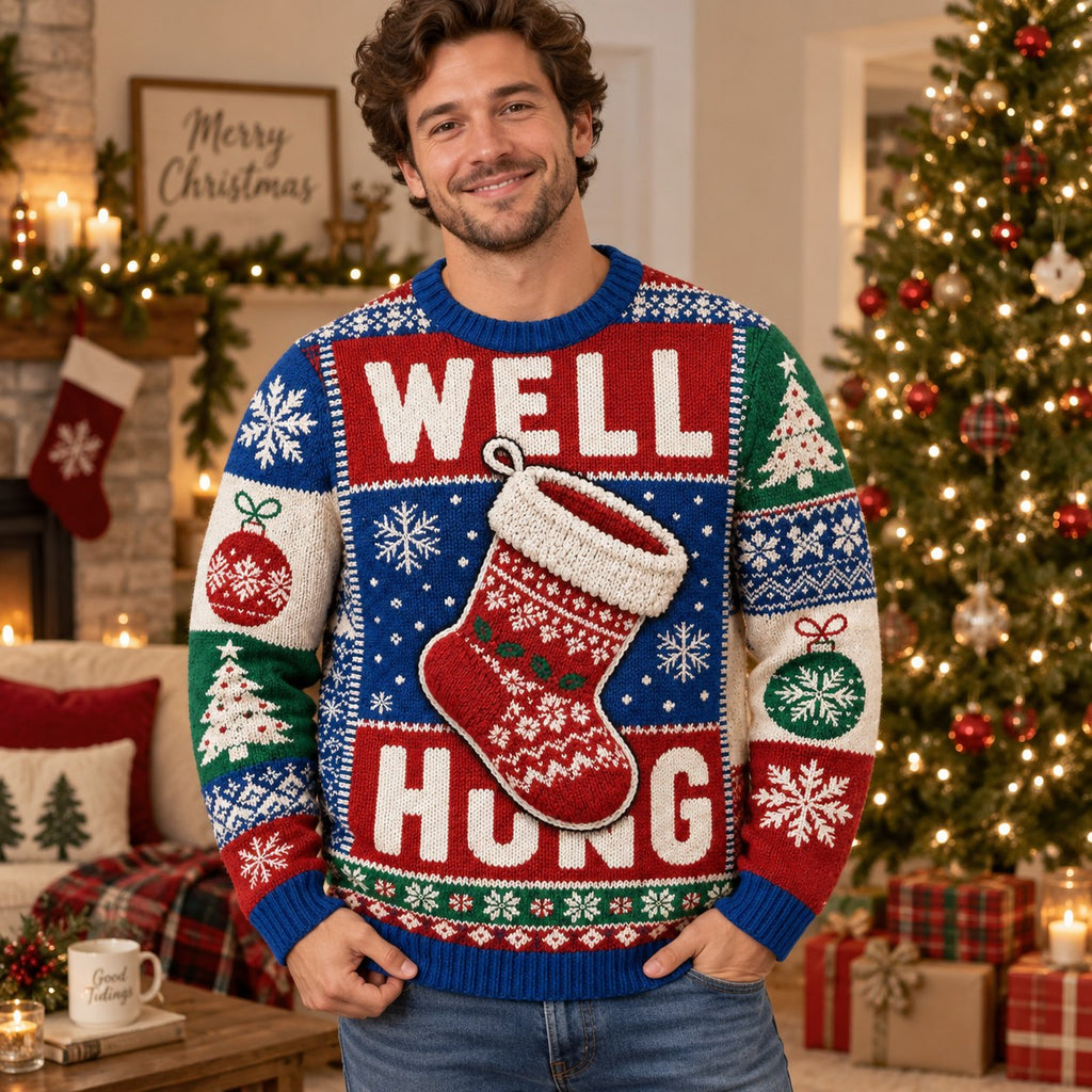 man wearing a Well Hug ugly christmas sweater in a festive living