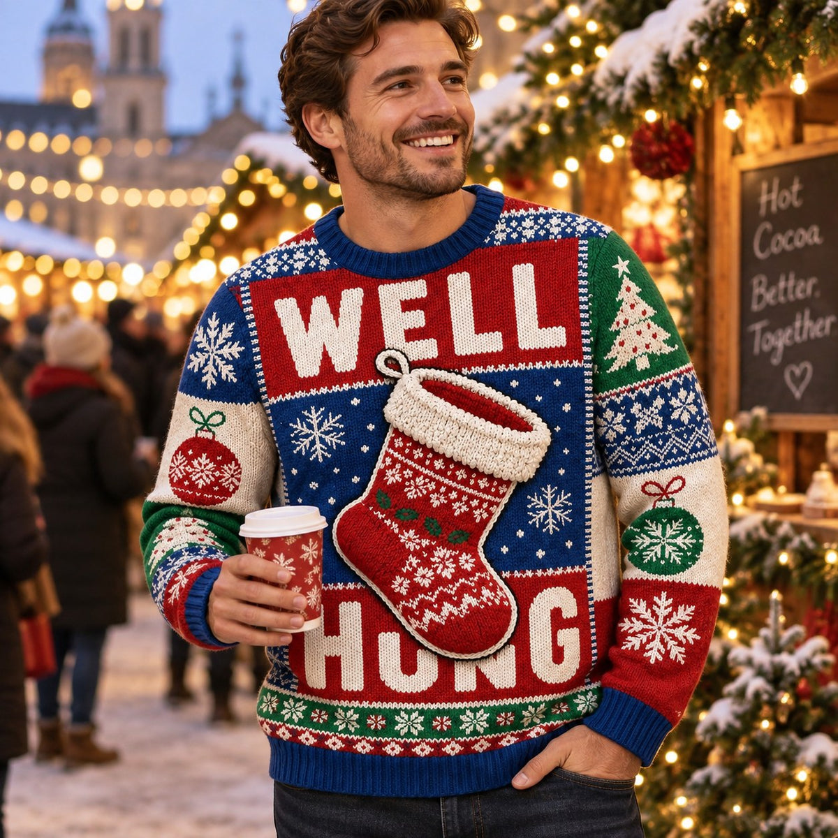 man holding a cocoa cup in a Well Hug christmas sweater at