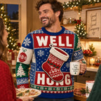 man laughing in a Well Hug holiday sweater beside a decorated Christmas
