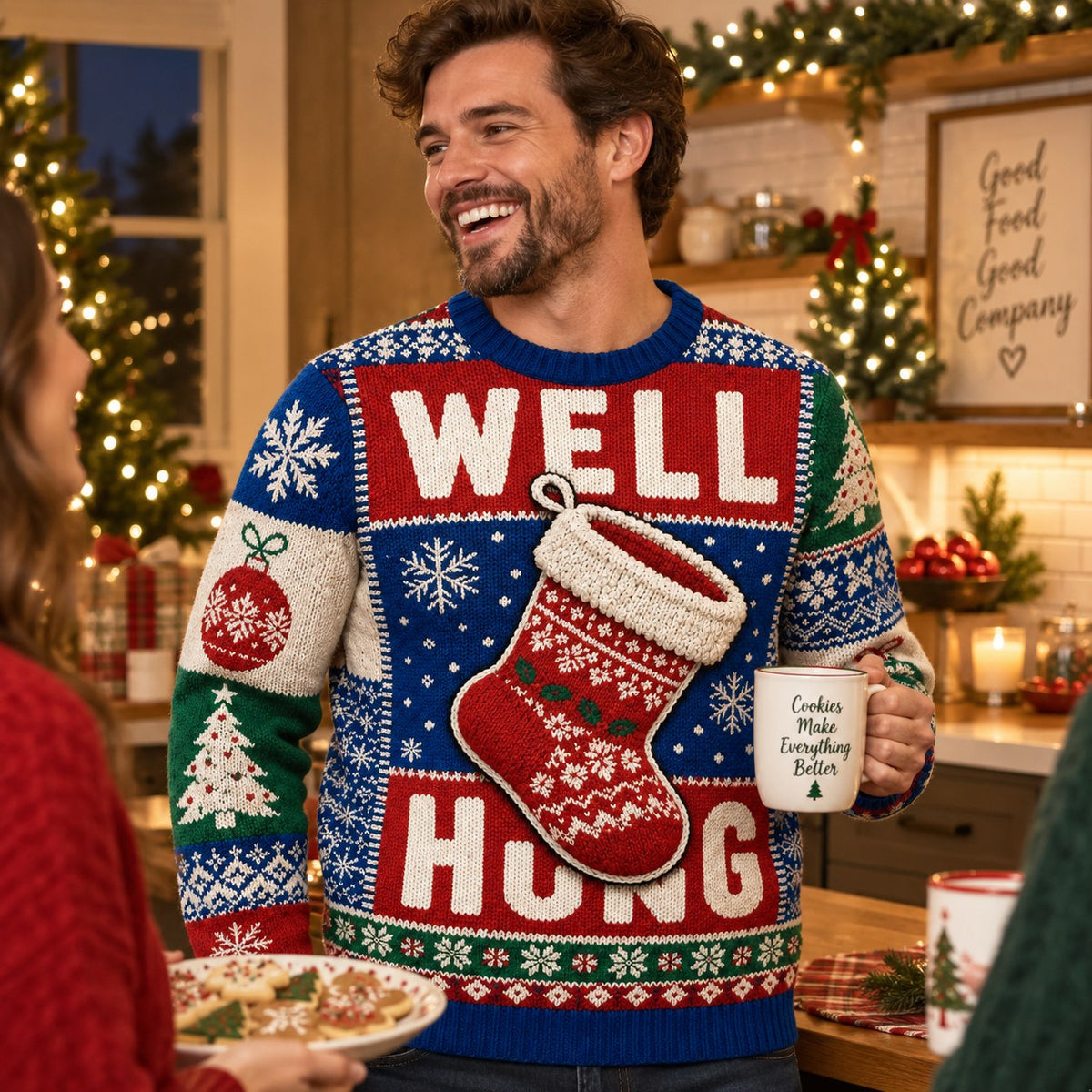 man laughing in a Well Hug holiday sweater beside a decorated Christmas