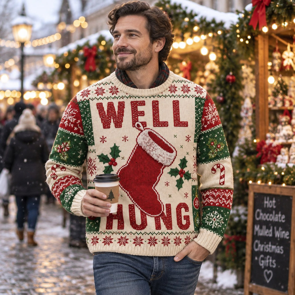 man wearing a well hung christmas stocking funny holiday sweater at an