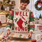 man holding a tray of cookies in a well hung christmas stocking