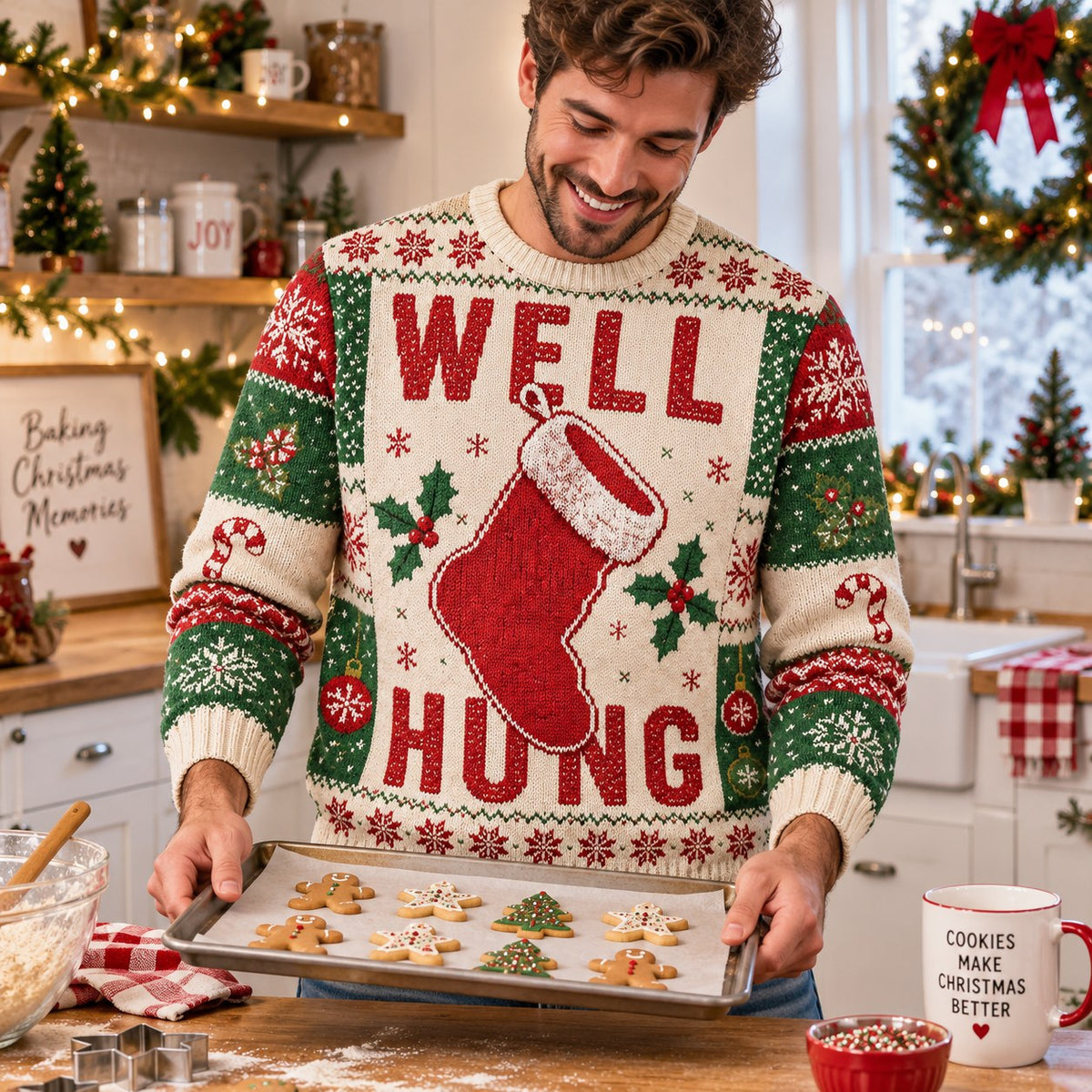 man holding a tray of cookies in a well hung christmas stocking