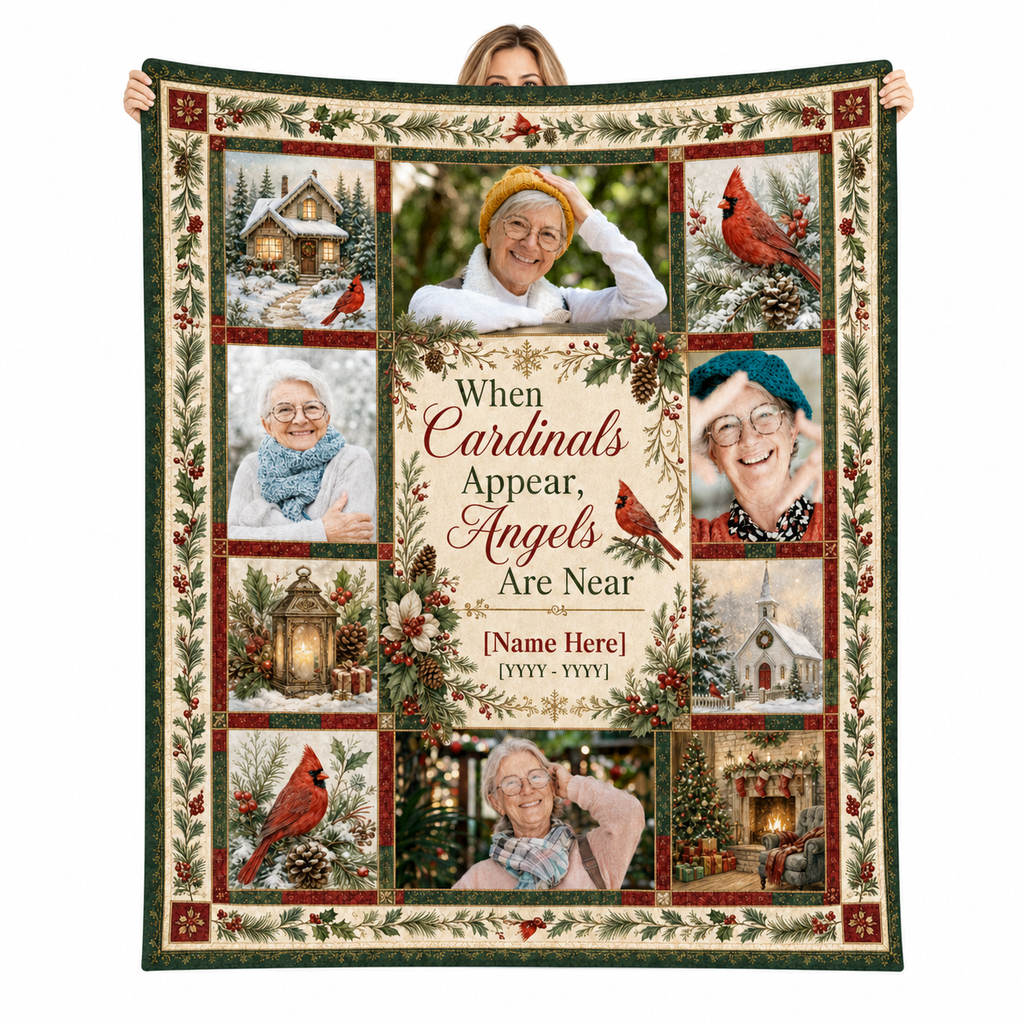 custom photo blanket with cardinals and winter collage