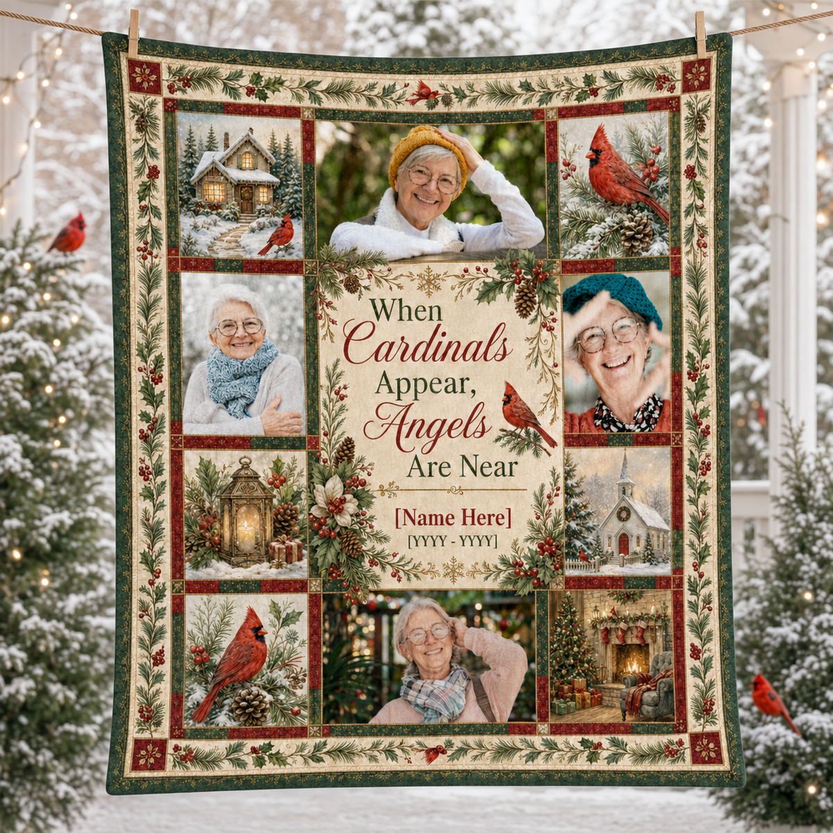 elderly woman photo collage on a christmas blanket