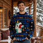 man wearing an ugly christmas sweater with a cartoon character and the
