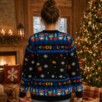 back view of a blue and black knitted ugly christmas sweater with
