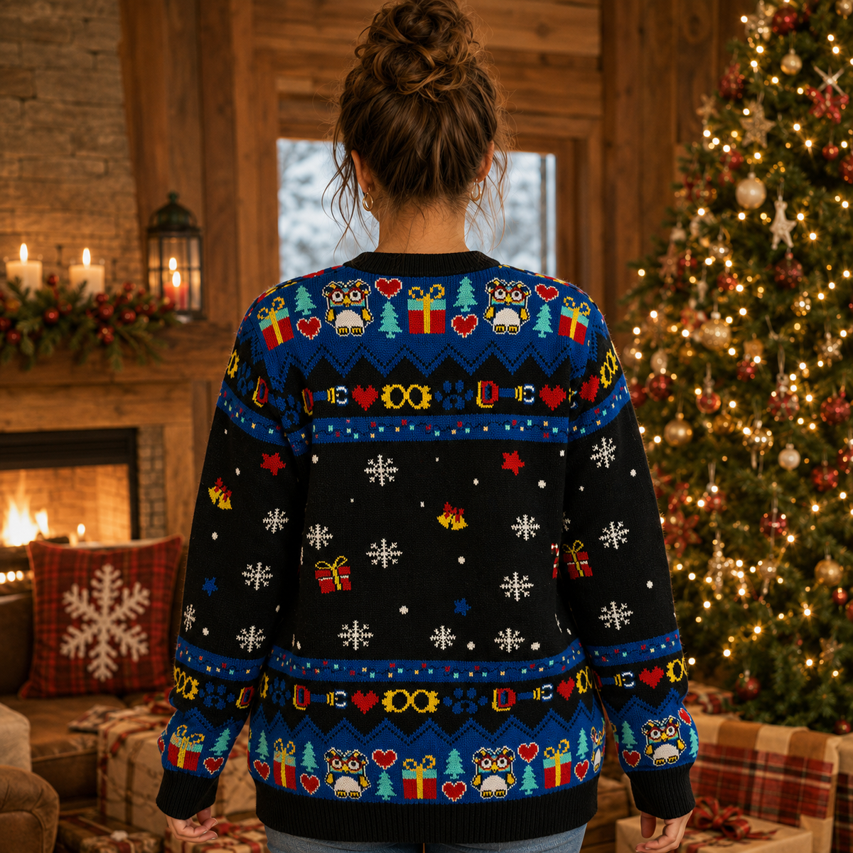 back view of a blue and black knitted ugly christmas sweater with