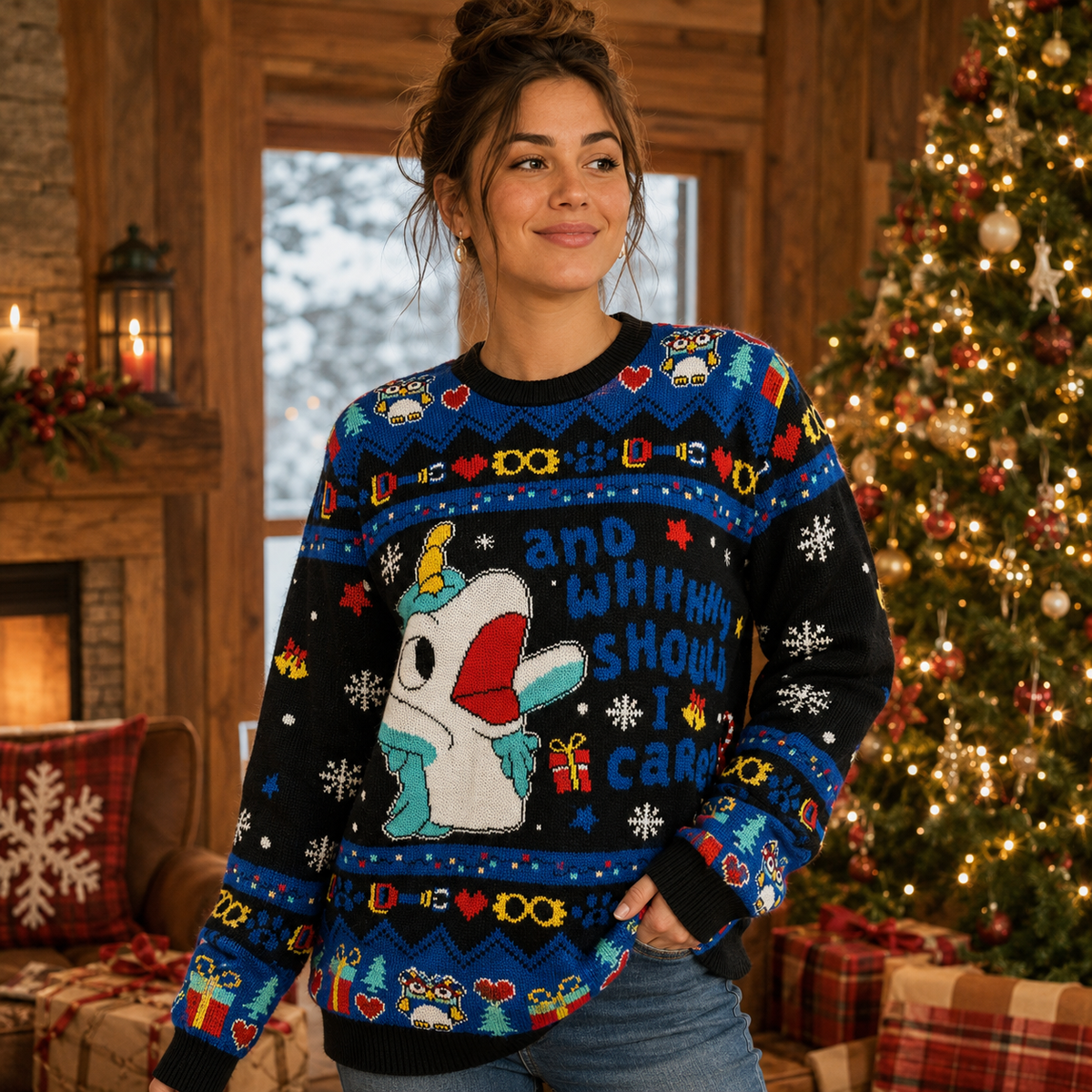 woman smiling in a blue ugly christmas sweater with cartoon character design