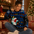 woman sitting by a fireplace wearing a knitted ugly christmas sweater featuring