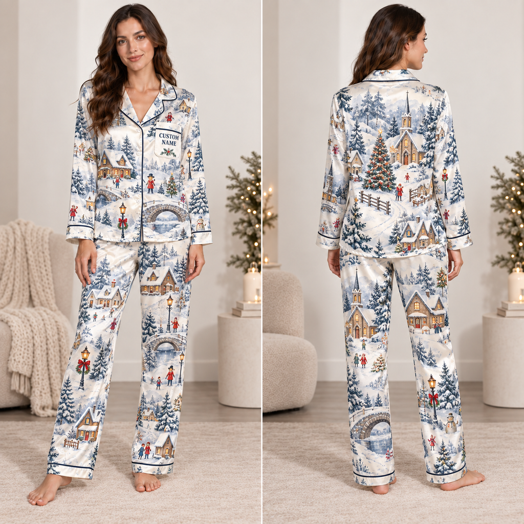 satin pajama set with all over winter village christmas print worn
