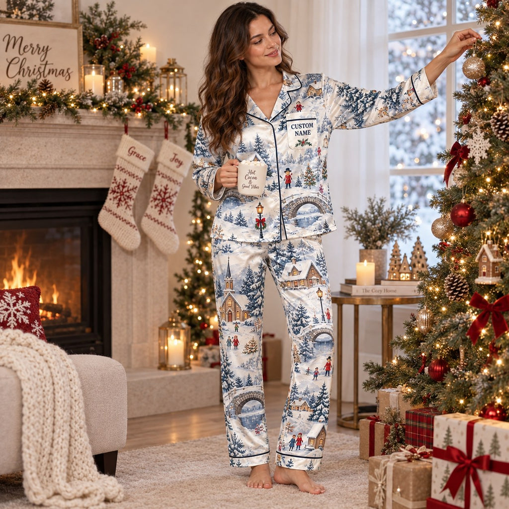 model reading a book on a bed while wearing winter village christmas