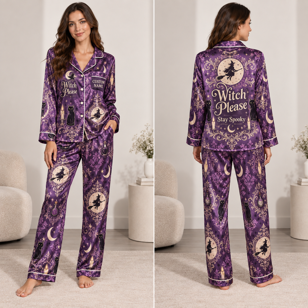 woman modelling a purple witch please halloween satin pajama set with all