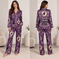 woman modelling a purple witch please halloween satin pajama set with all