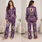 woman modelling a purple witch please halloween satin pajama set with all