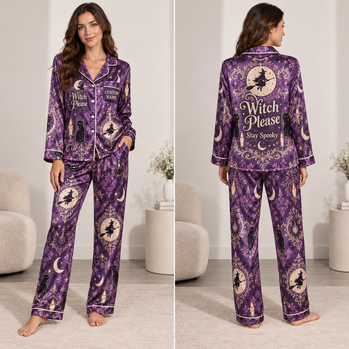 woman modelling a purple witch please halloween satin pajama set with all