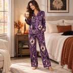 back view of the purple witch please stay spooky sublimation satin pajama
