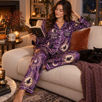lifestyle shot of a woman in purple witch please halloween pajamas