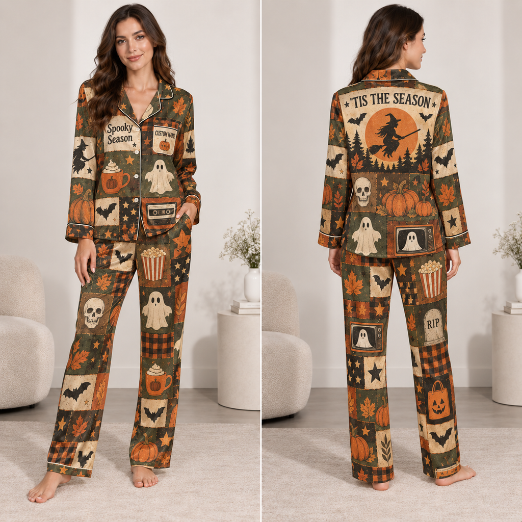 model wearing witch halloween satin pajama set, all-over spooky season print