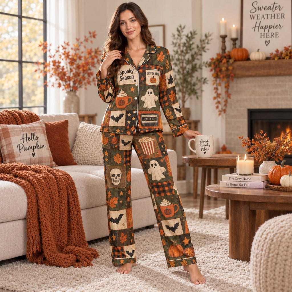 back view of halloween satin pajama set showing witch flying over pumpkins